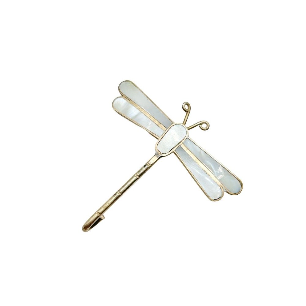 Vintage Alpaca Silver Mexico Dragonfly Insect Pin Brooch Mother of Pearl Inlay